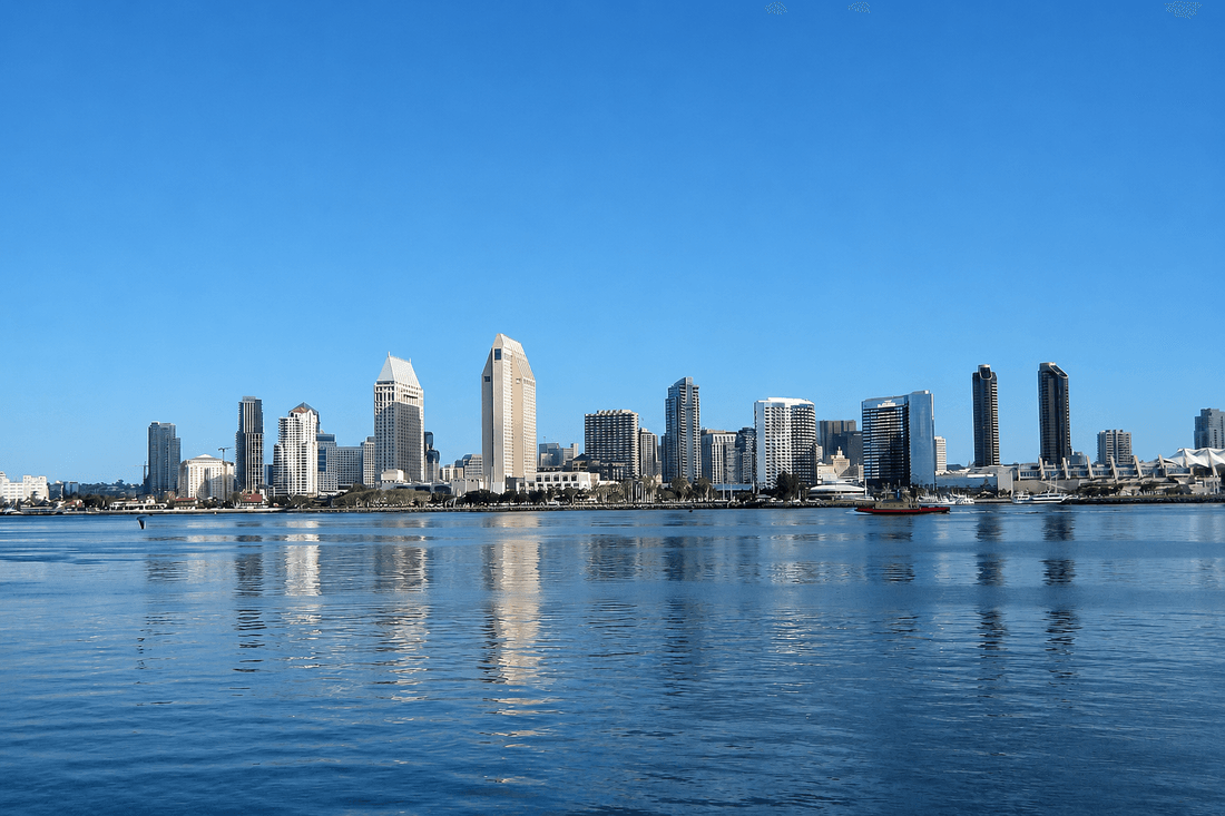 San Diego skyline at dusk, across the bay